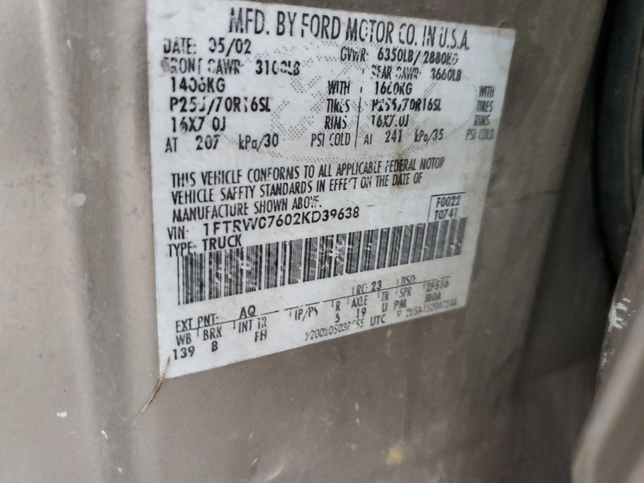 2002 Ford F150 Supercrew VIN: 1FTRW07602KD39638 Lot: 84739994