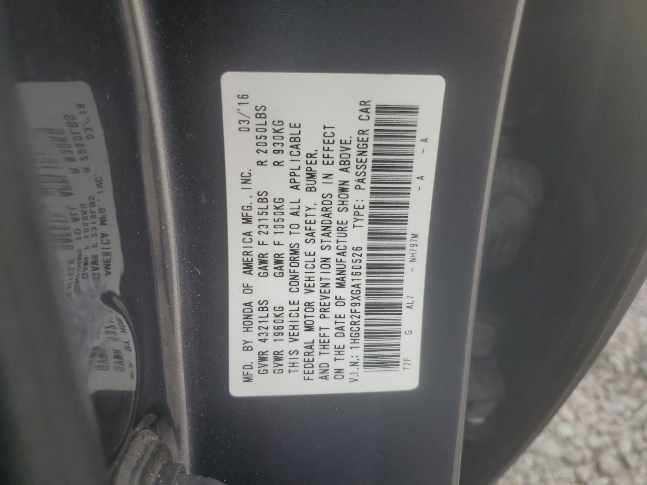 VIN 1HGCR2F9XGA160526 2016 HONDA ACCORD no.12