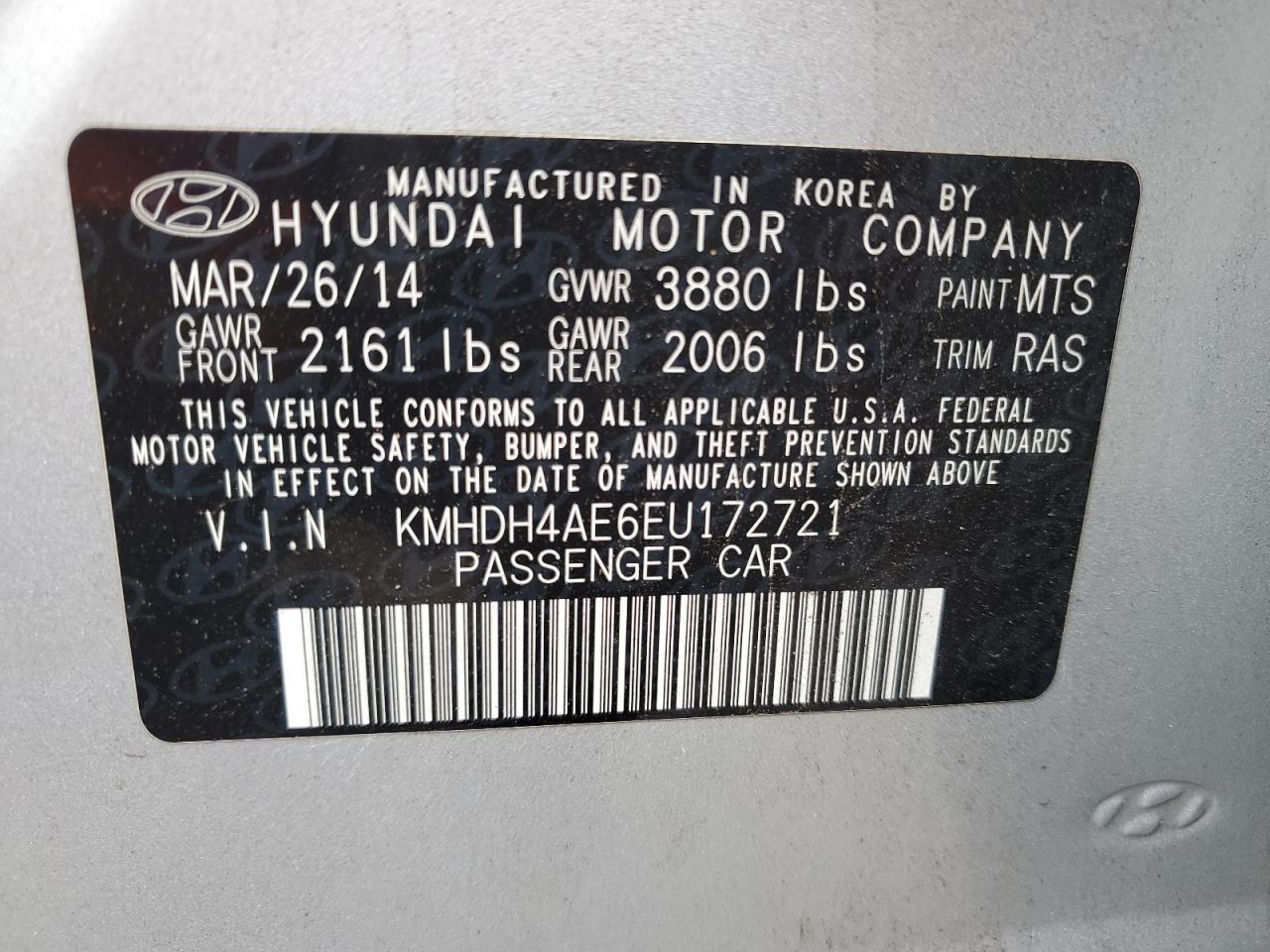 2014 Hyundai Elantra Se VIN: KMHDH4AE6EU172721 Lot: 83196524