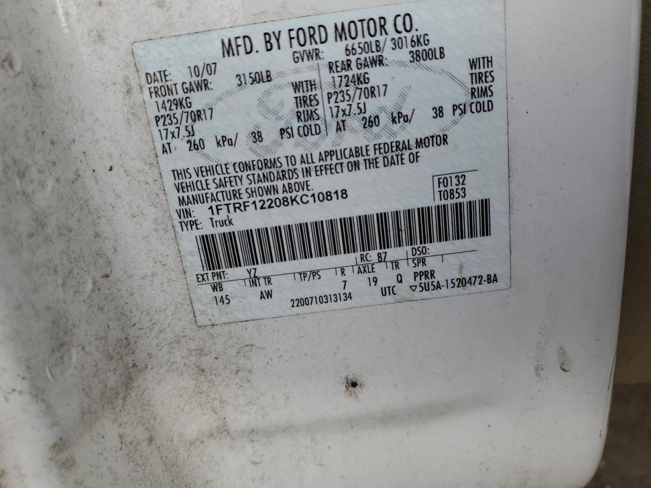 2008 Ford F150 VIN: 1FTRF12208KC10818 Lot: 85015414
