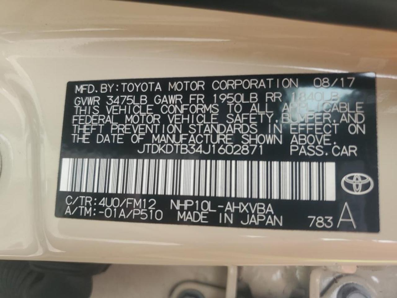 VIN JTDKDTB34J1602871 2018 TOYOTA PRIUS no.13