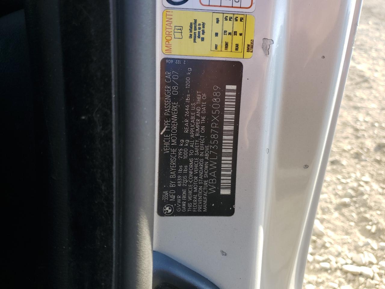 2007 BMW 335 I VIN: WBAWL73587PX50889 Lot: 85985264