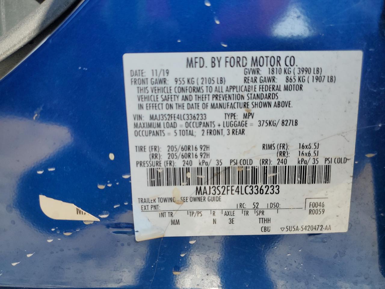 2020 Ford Ecosport S VIN: MAJ3S2FE4LC336233 Lot: 85695534