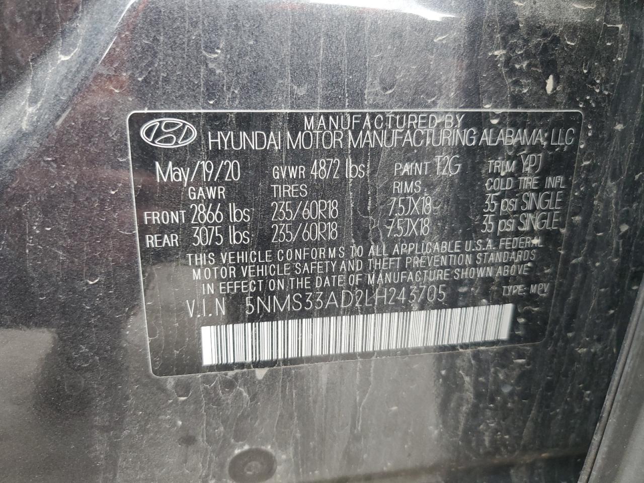 2020 Hyundai Santa Fe Sel VIN: 5NMS33AD2LH243705 Lot: 84948164