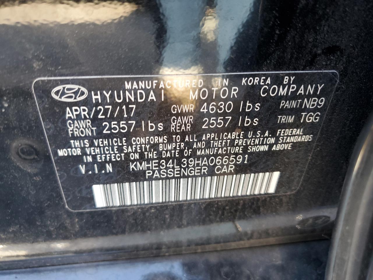 VIN KMHE34L39HA066591 2017 HYUNDAI SONATA no.12