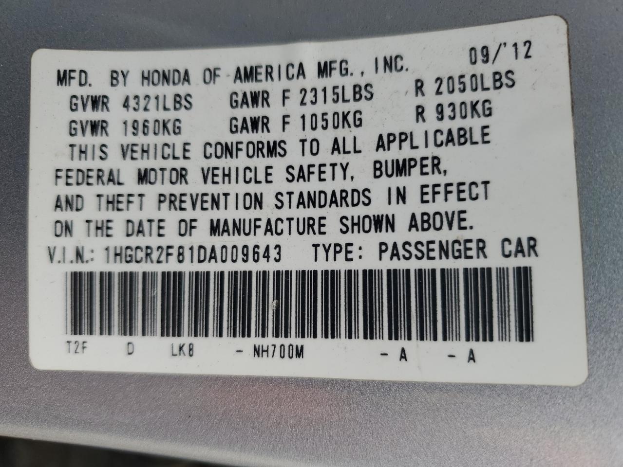 VIN 1HGCR2F81DA009643 2013 HONDA ACCORD no.12