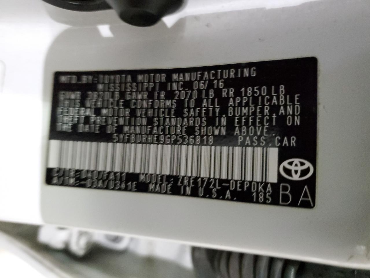 VIN 5YFBURHE9GP536818 2016 TOYOTA COROLLA no.12