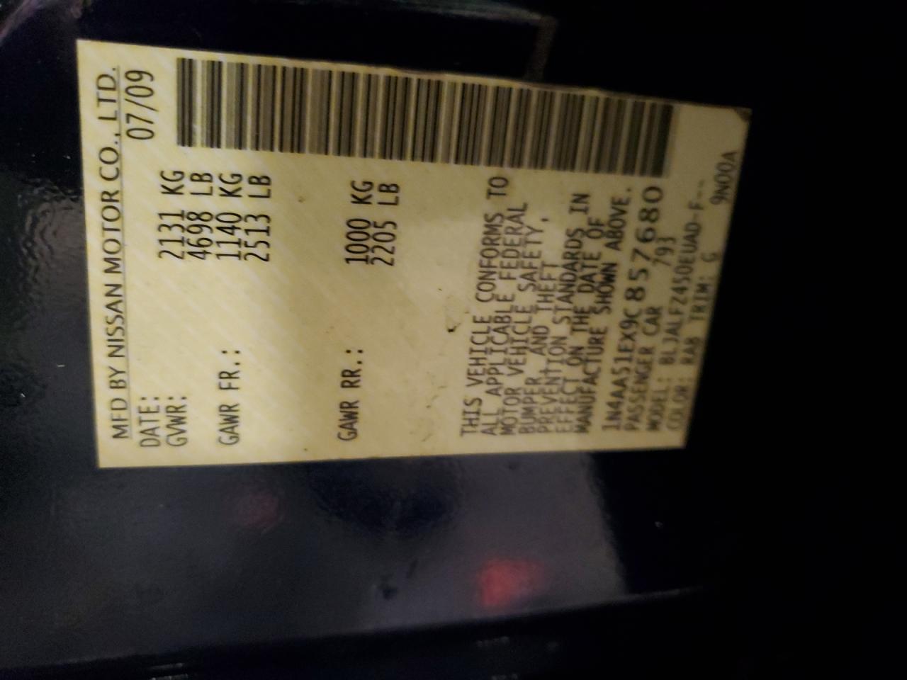 2009 Nissan Maxima S VIN: 1N4AA51EX9C857680 Lot: 82986754