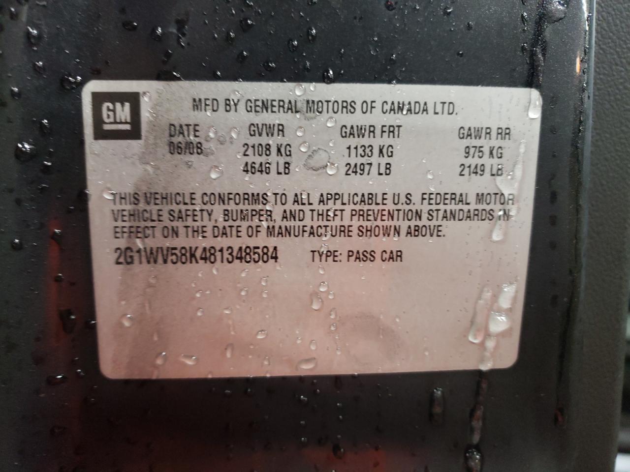 2008 Chevrolet Impala 50Th Anniversary VIN: 2G1WV58K481348584 Lot: 82115104