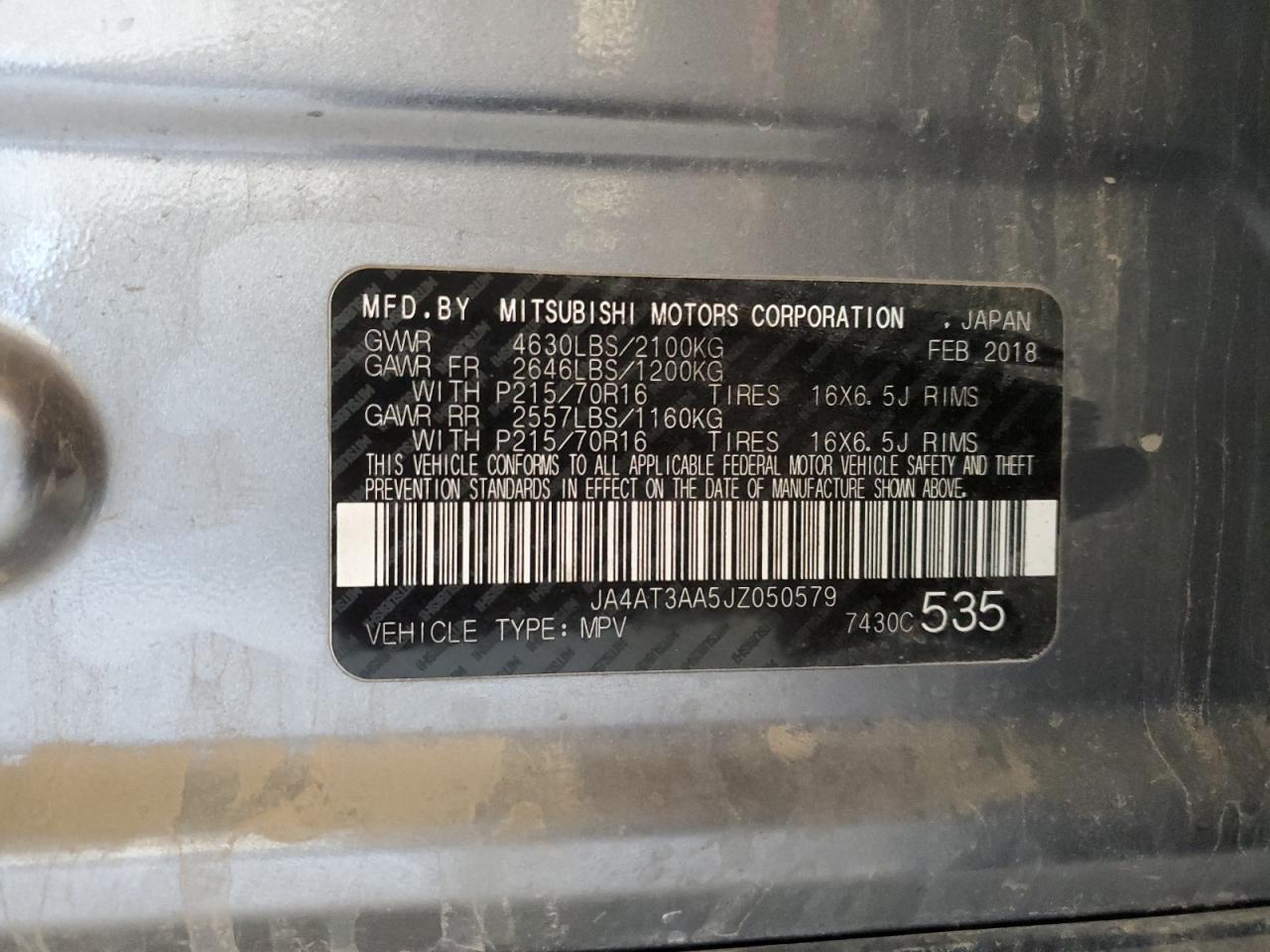 2018 Mitsubishi Eclipse Cross Es VIN: JA4AT3AA5JZ050579 Lot: 83387334