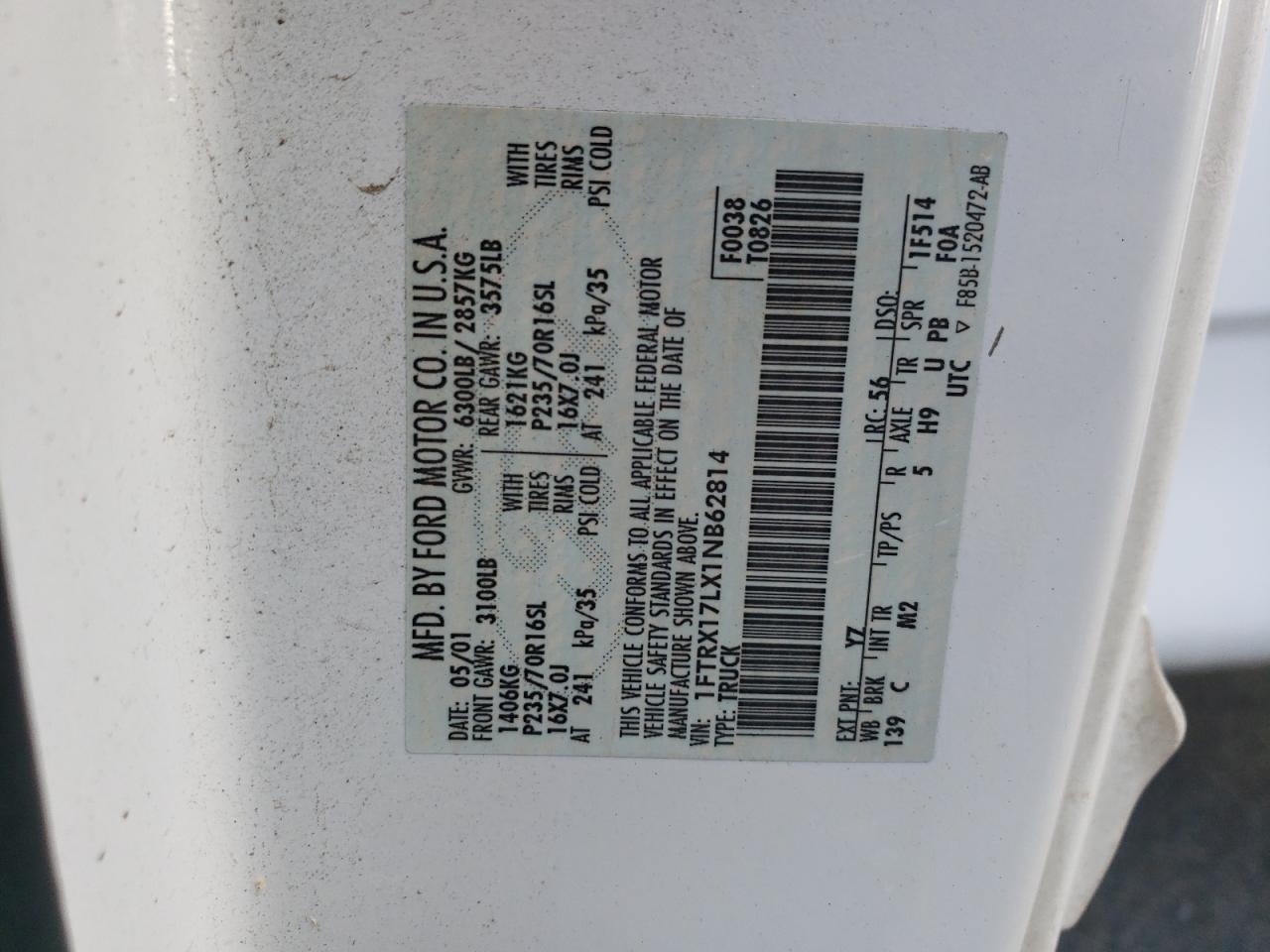 2001 Ford F150 VIN: 1FTRX17LX1NB62814 Lot: 87131044