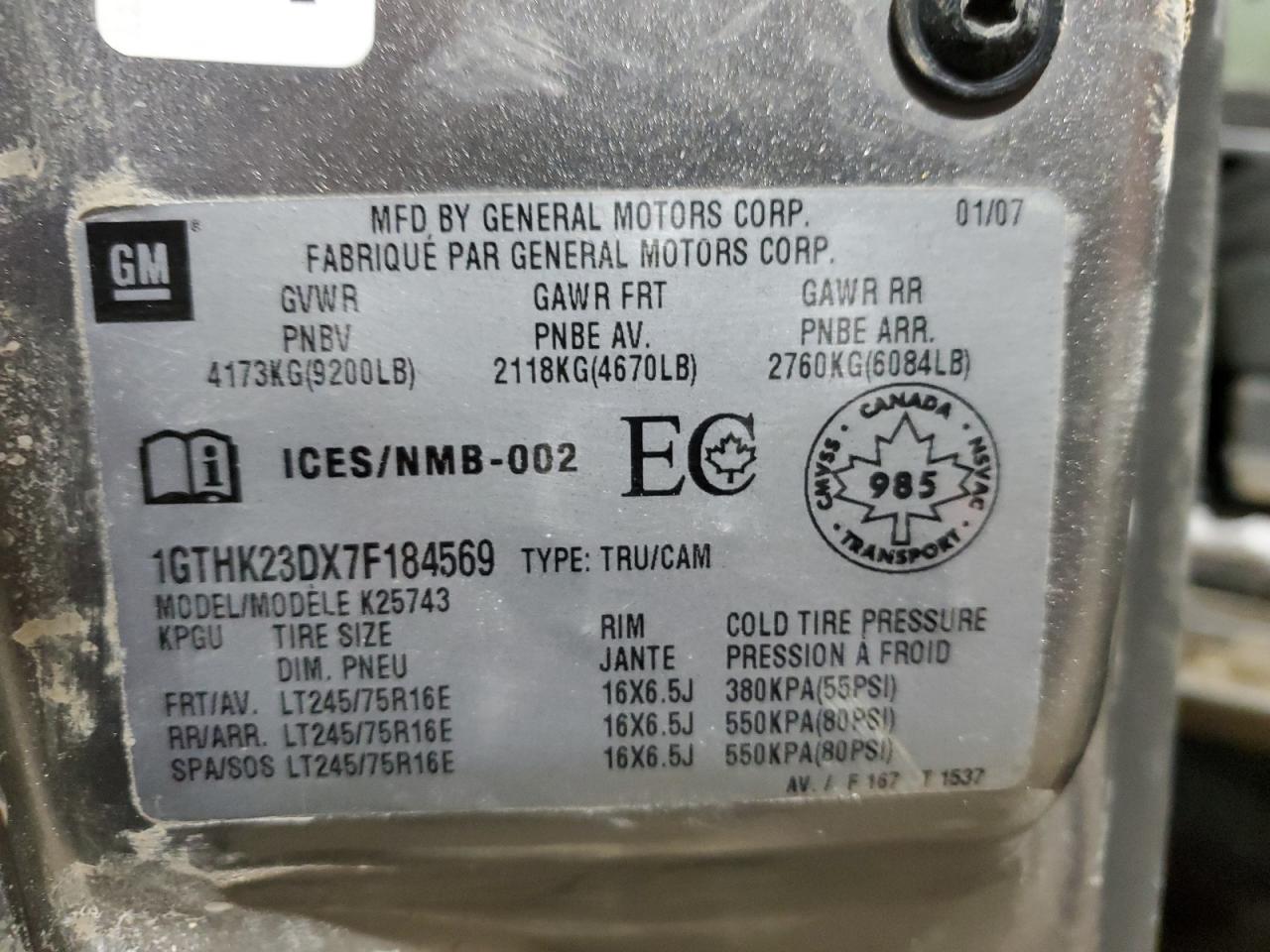 2007 GMC Sierra K2500 Heavy Duty VIN: 1GTHK23DX7F184569 Lot: 85855544