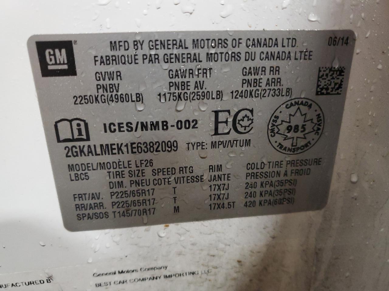 2014 GMC Terrain Sle VIN: 2GKALMEK1E6382099 Lot: 83684774