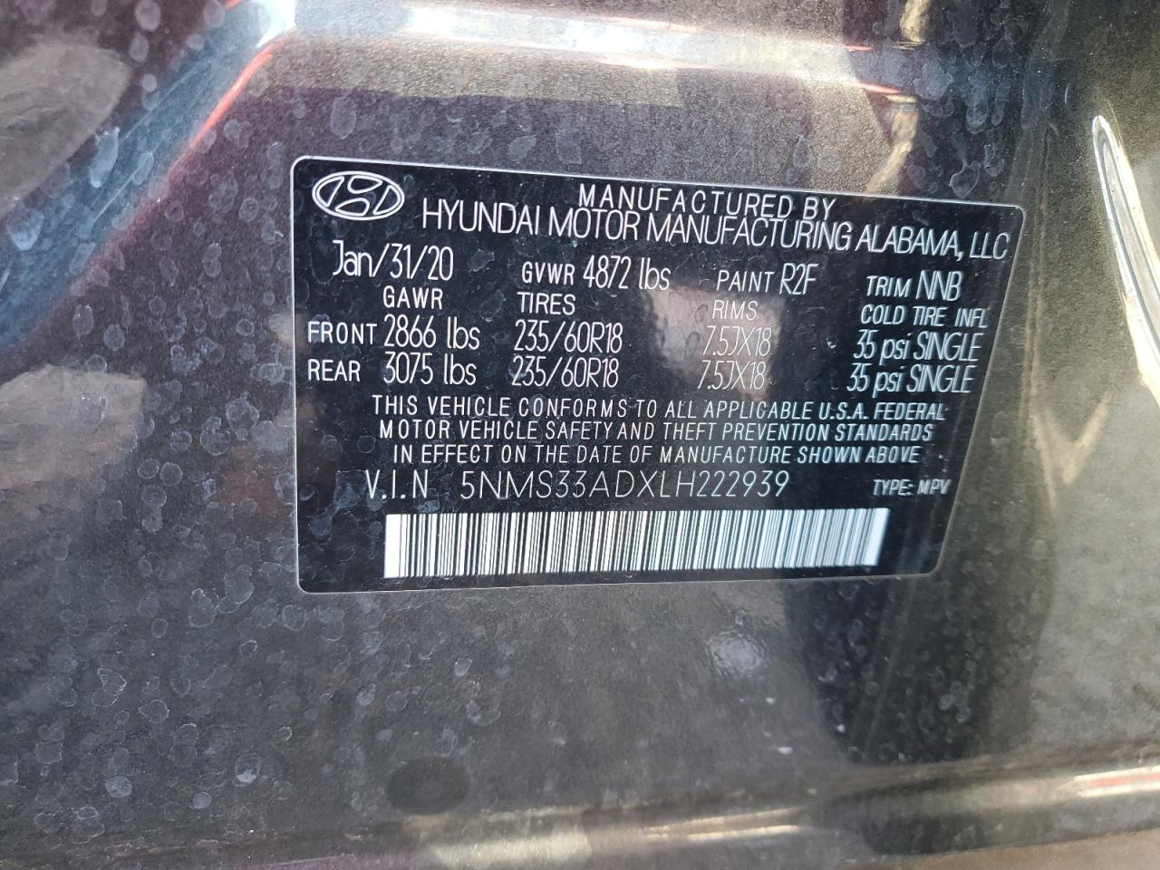 2020 Hyundai Santa Fe Sel VIN: 5NMS33ADXLH222939 Lot: 86306654