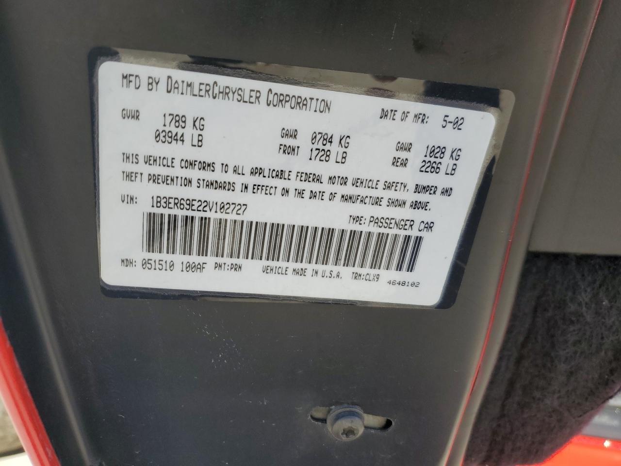 2002 Dodge Viper Gts VIN: 1B3ER69E22V102727 Lot: 84859694