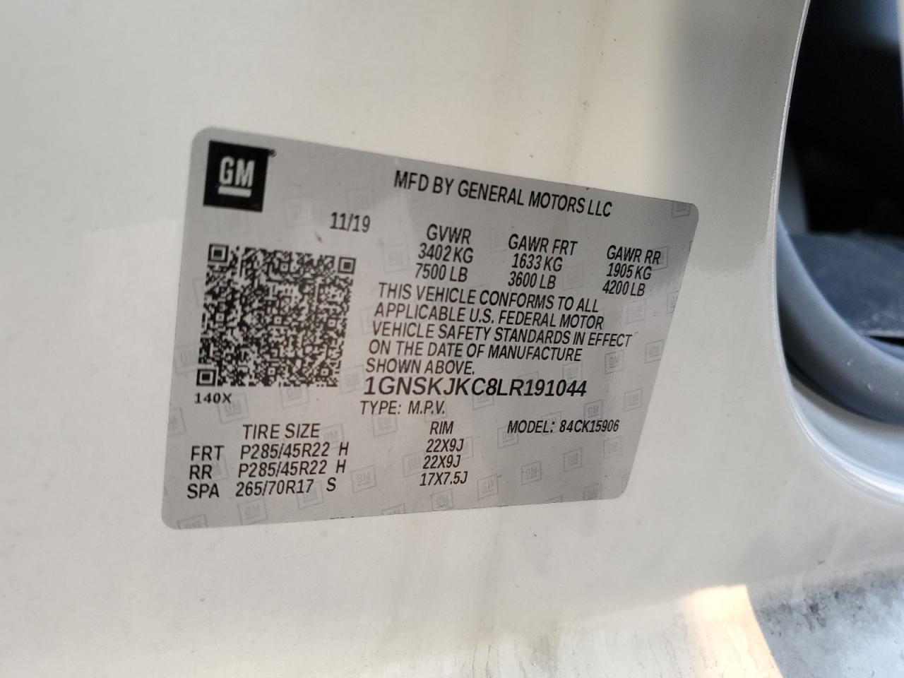 2020 Chevrolet Suburban K1500 Premier VIN: 1GNSKJKC8LR191044 Lot: 86098114