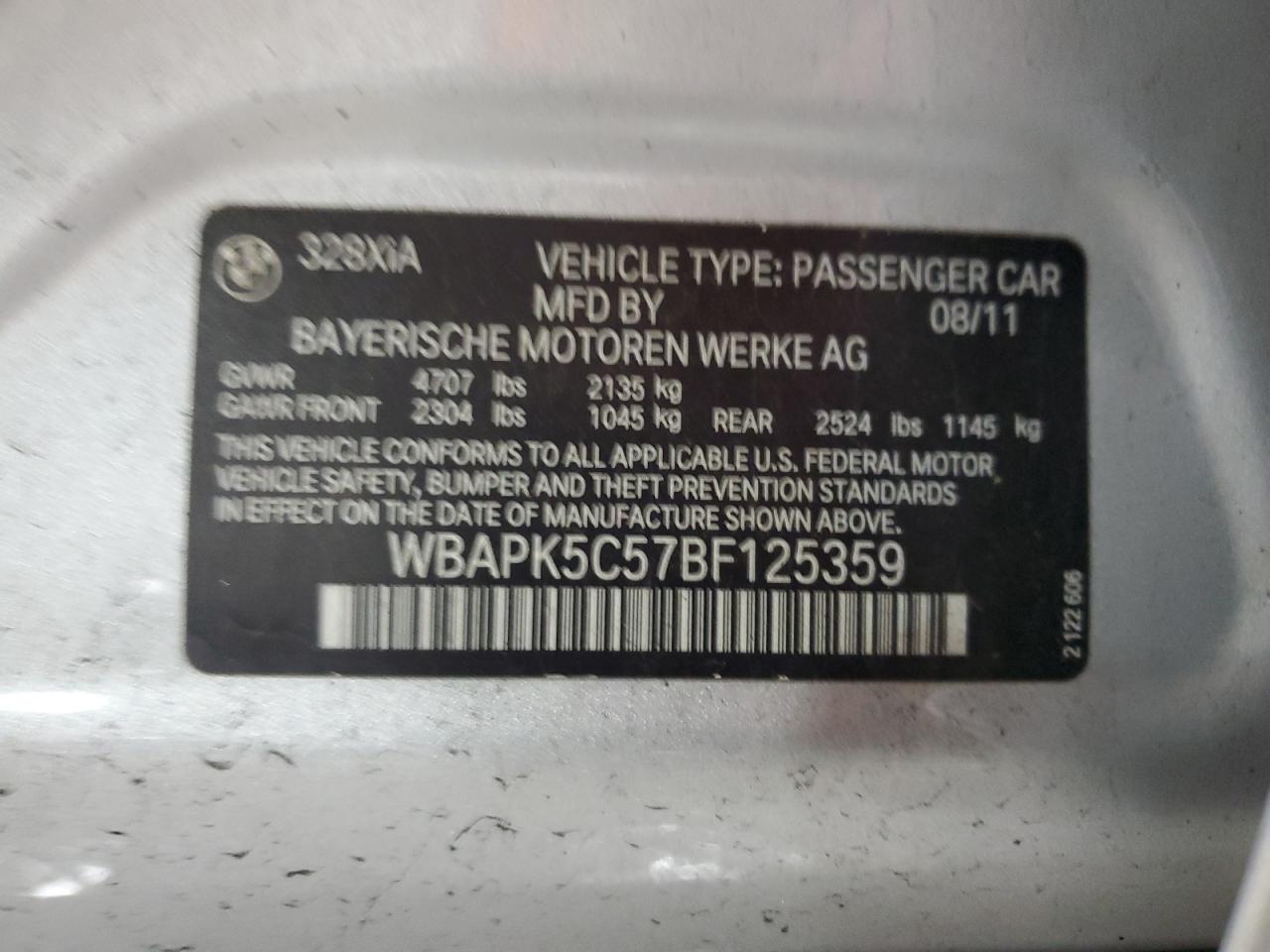 2011 BMW 328 Xi Sulev VIN: WBAPK5C57BF125359 Lot: 66494555