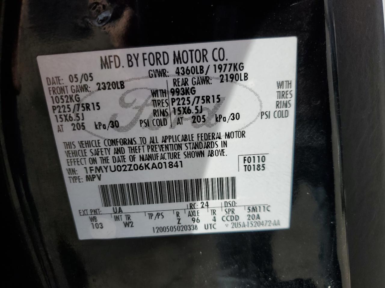 2006 Ford Escape Xls VIN: 1FMYU02Z06KA01841 Lot: 67105165