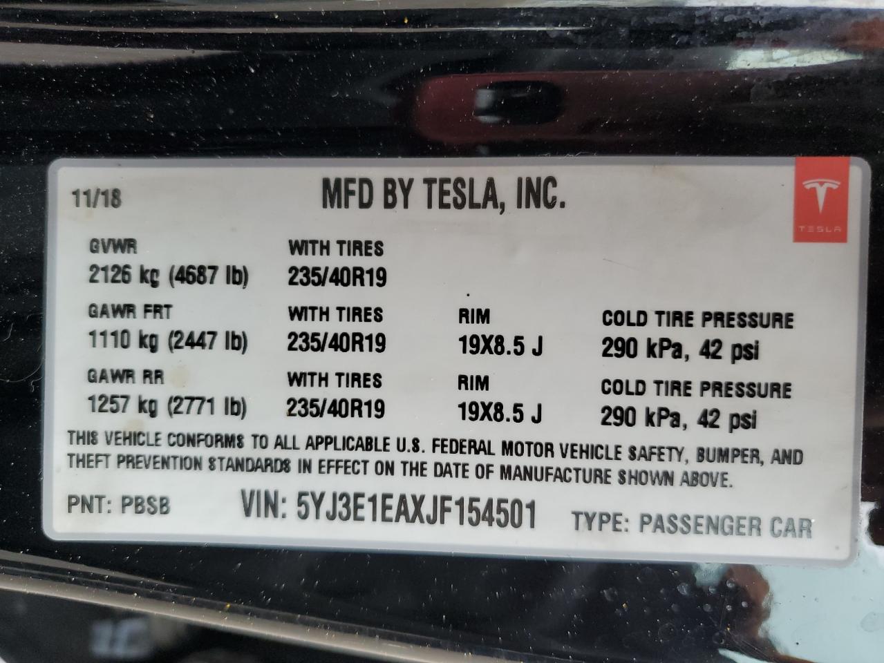 2018 Tesla Model 3 VIN: 5YJ3E1EAXJF154501 Lot: 83821004