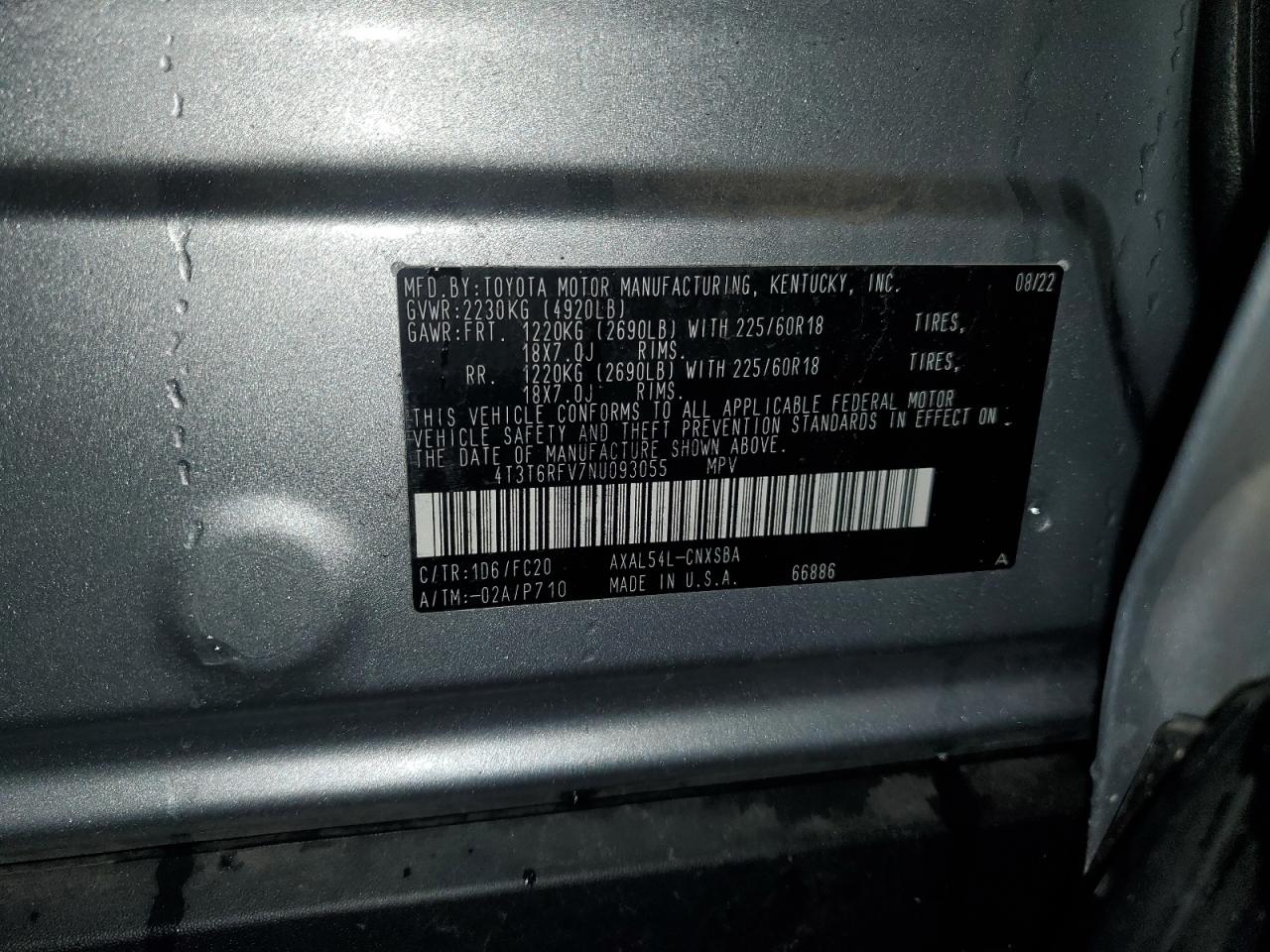 2022 Toyota Rav4 Se VIN: 4T3T6RFV7NU093055 Lot: 85019684