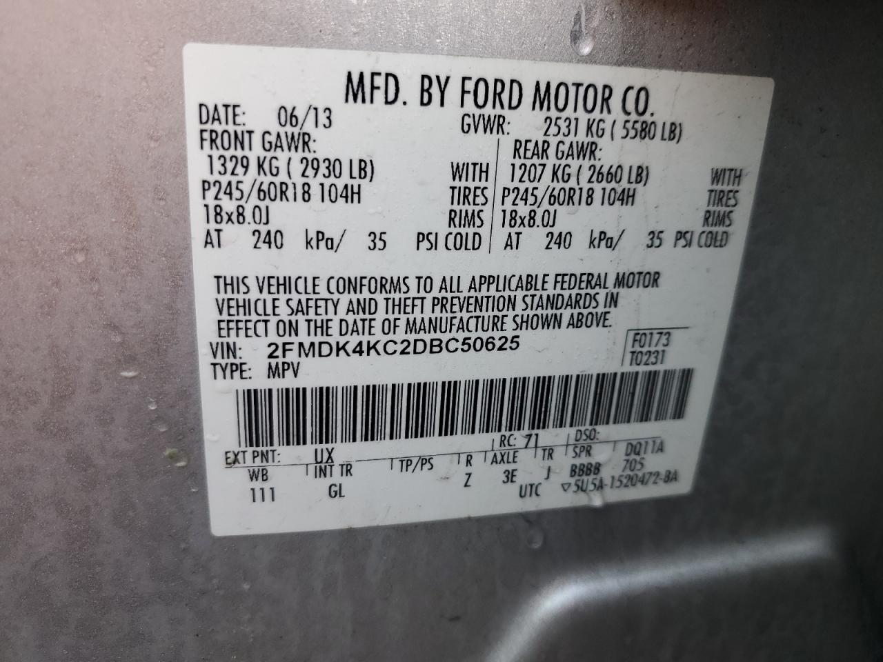 VIN 2FMDK4KC2DBC50625 2013 FORD EDGE no.13