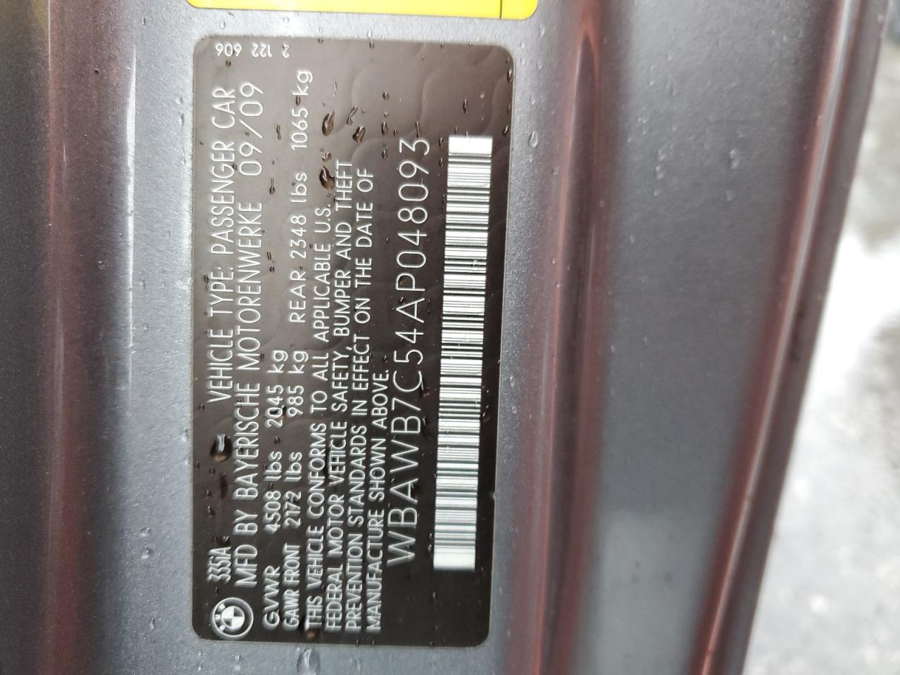 2010 BMW 335 I VIN: WBAWB7C54AP048093 Lot: 86561524