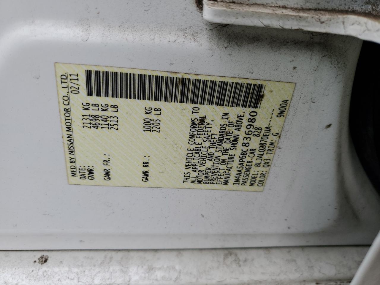 NISSAN MAXIMA 2011 VIN 1N4AA5AP6BC836980 фото 12