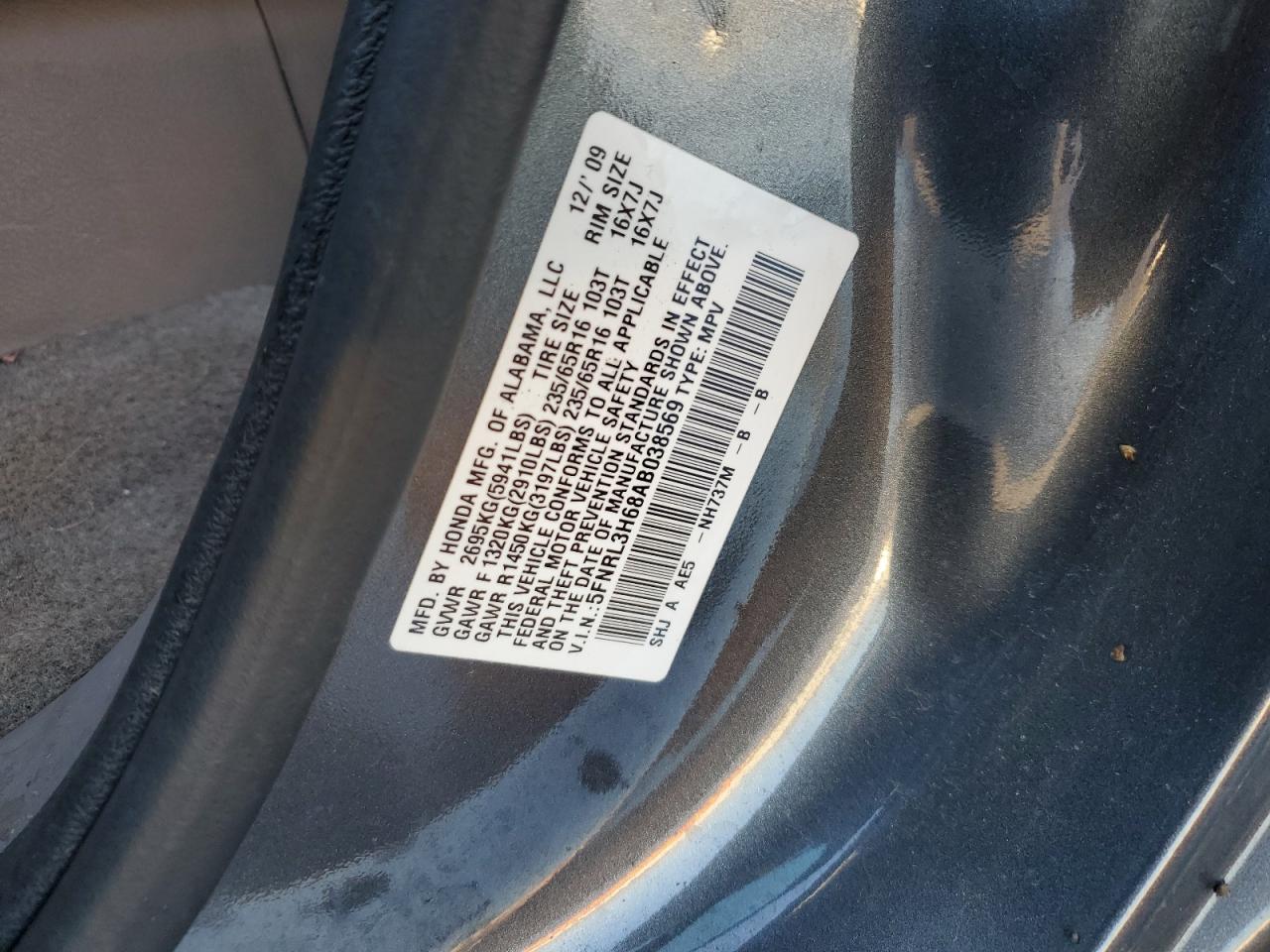 2010 Honda Odyssey Exl VIN: 5FNRL3H68AB038569 Lot: 66615275