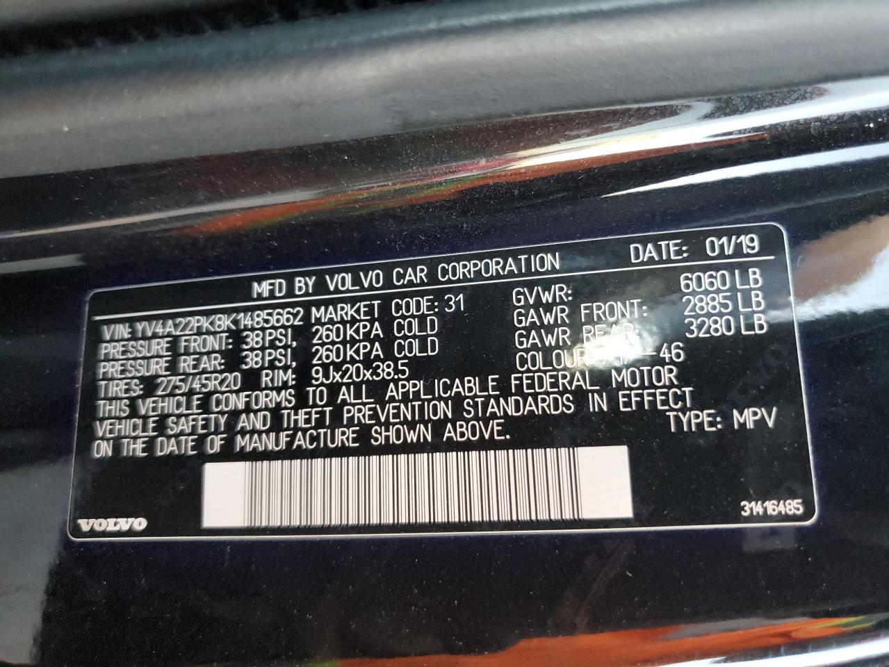 2019 Volvo Xc90 T6 Momentum VIN: YV4A22PK8K1485662 Lot: 85642484