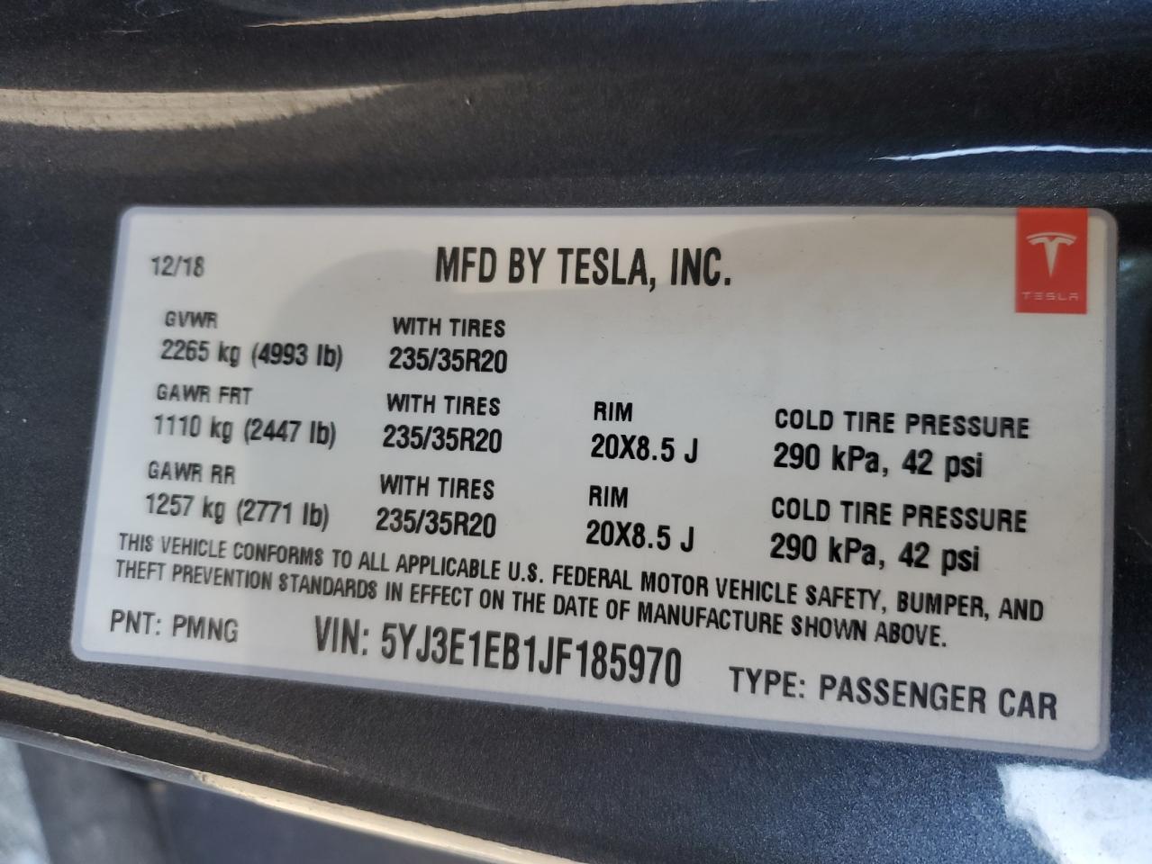 2018 Tesla Model 3 VIN: 5YJ3E1EB1JF185970 Lot: 83573894