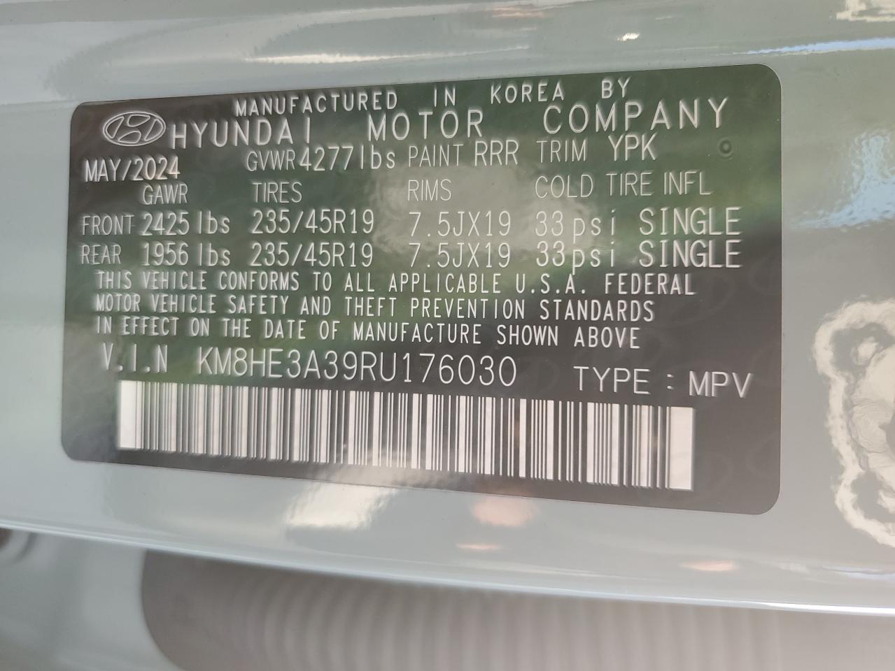 2024 Hyundai Kona Limited VIN: KM8HE3A39RU176030 Lot: 85890324