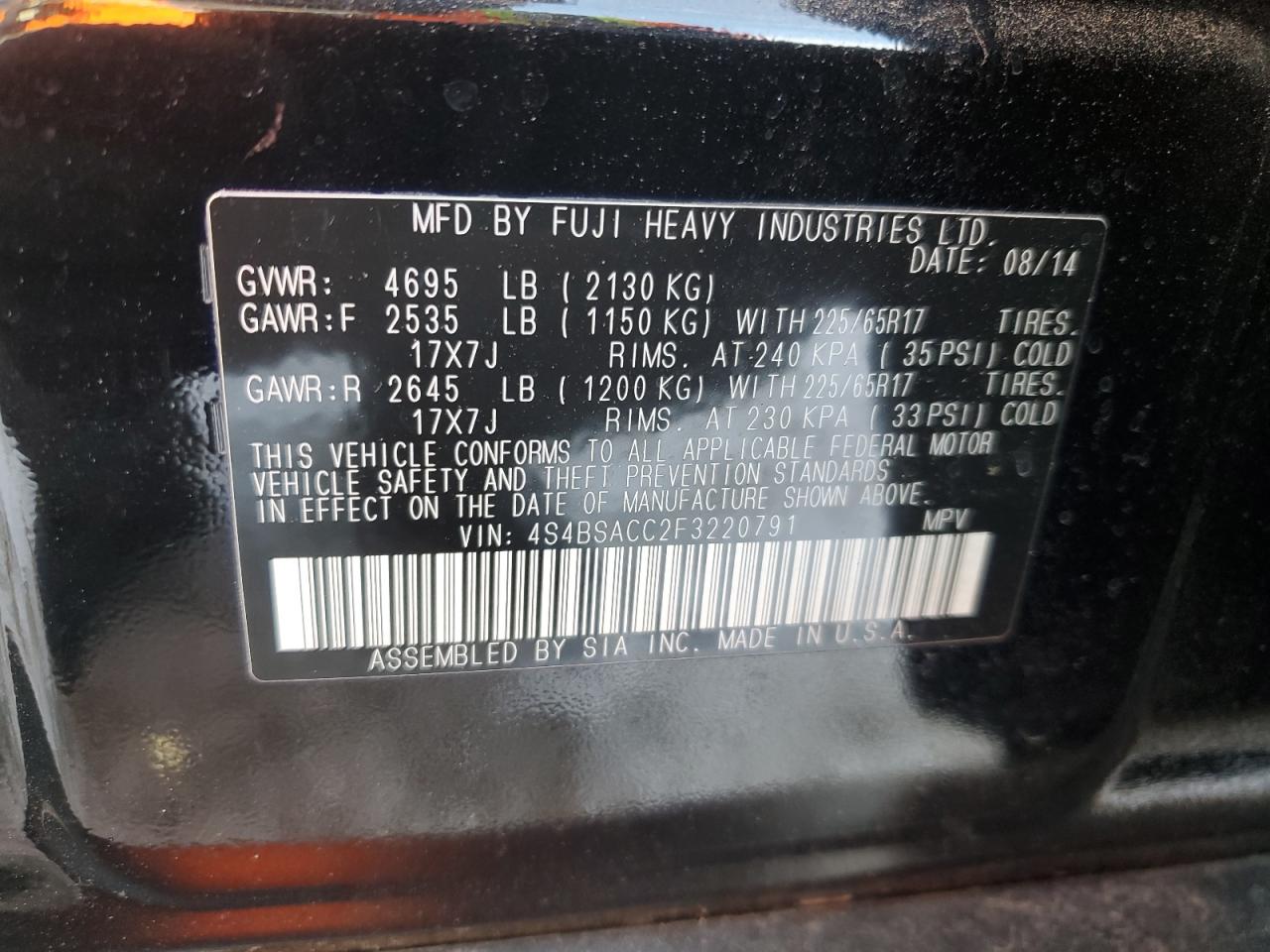 VIN 4S4BSACC2F3220791 2015 SUBARU OUTBACK no.14