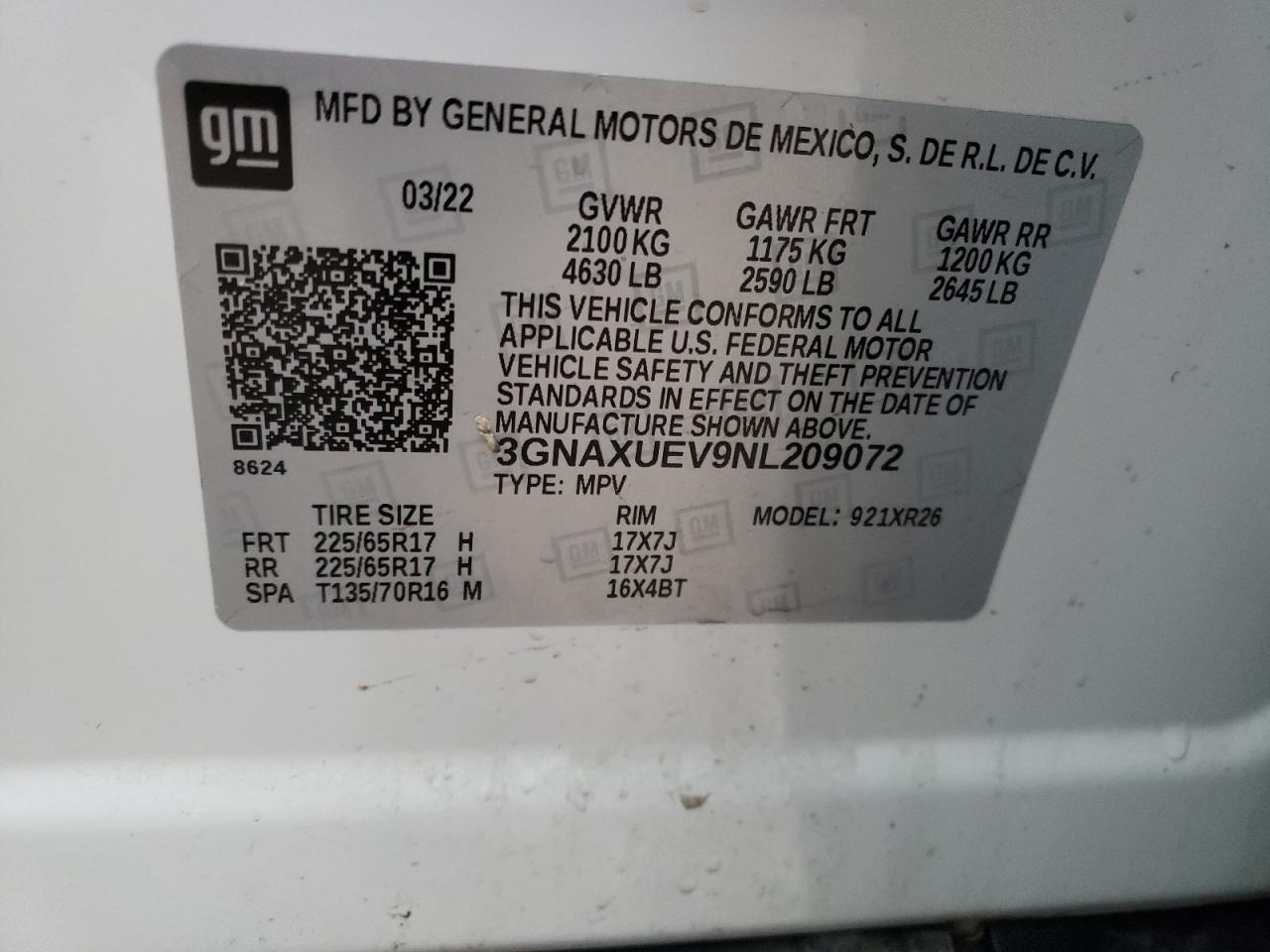 3GNAXUEV9NL209072 2022 CHEVROLET EQUINOX - Image 12