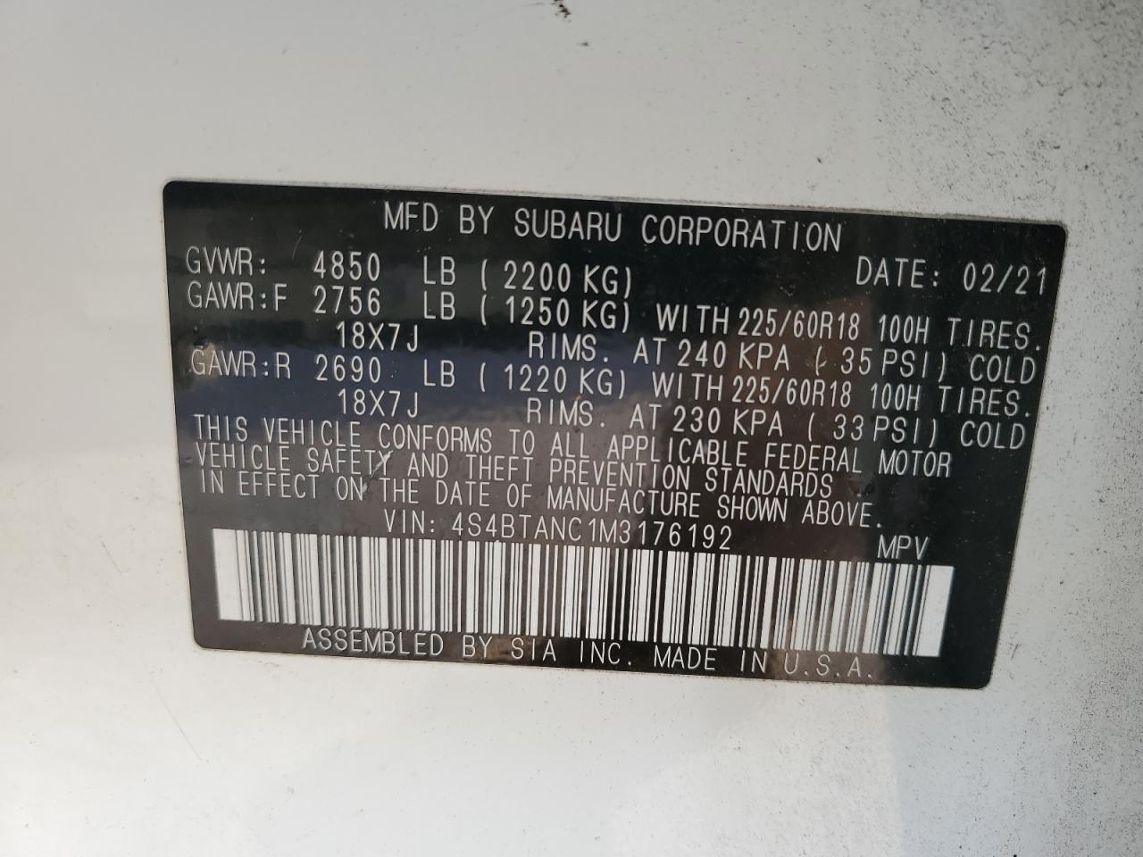 VIN 4S4BTANC1M3176192 2021 SUBARU OUTBACK no.12