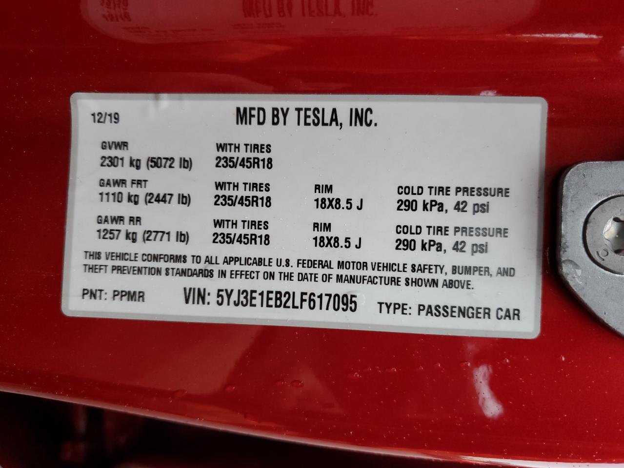 VIN 5YJ3E1EB2LF617095 2020 TESLA MODEL 3 no.12