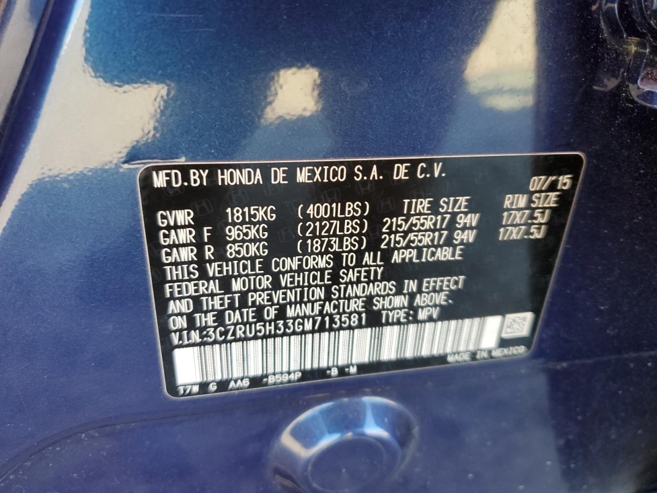 VIN 3CZRU5H33GM713581 2016 HONDA HR-V no.13