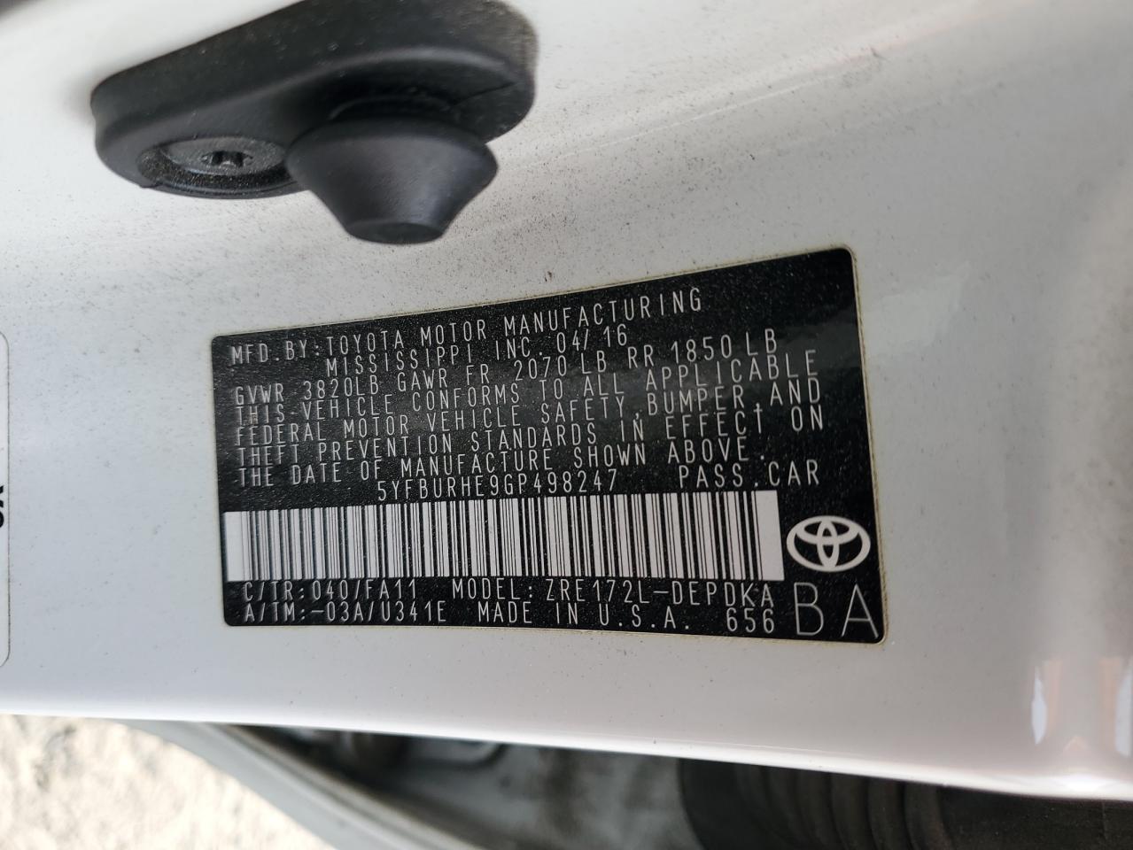 VIN 5YFBURHE9GP498247 2016 TOYOTA COROLLA no.12