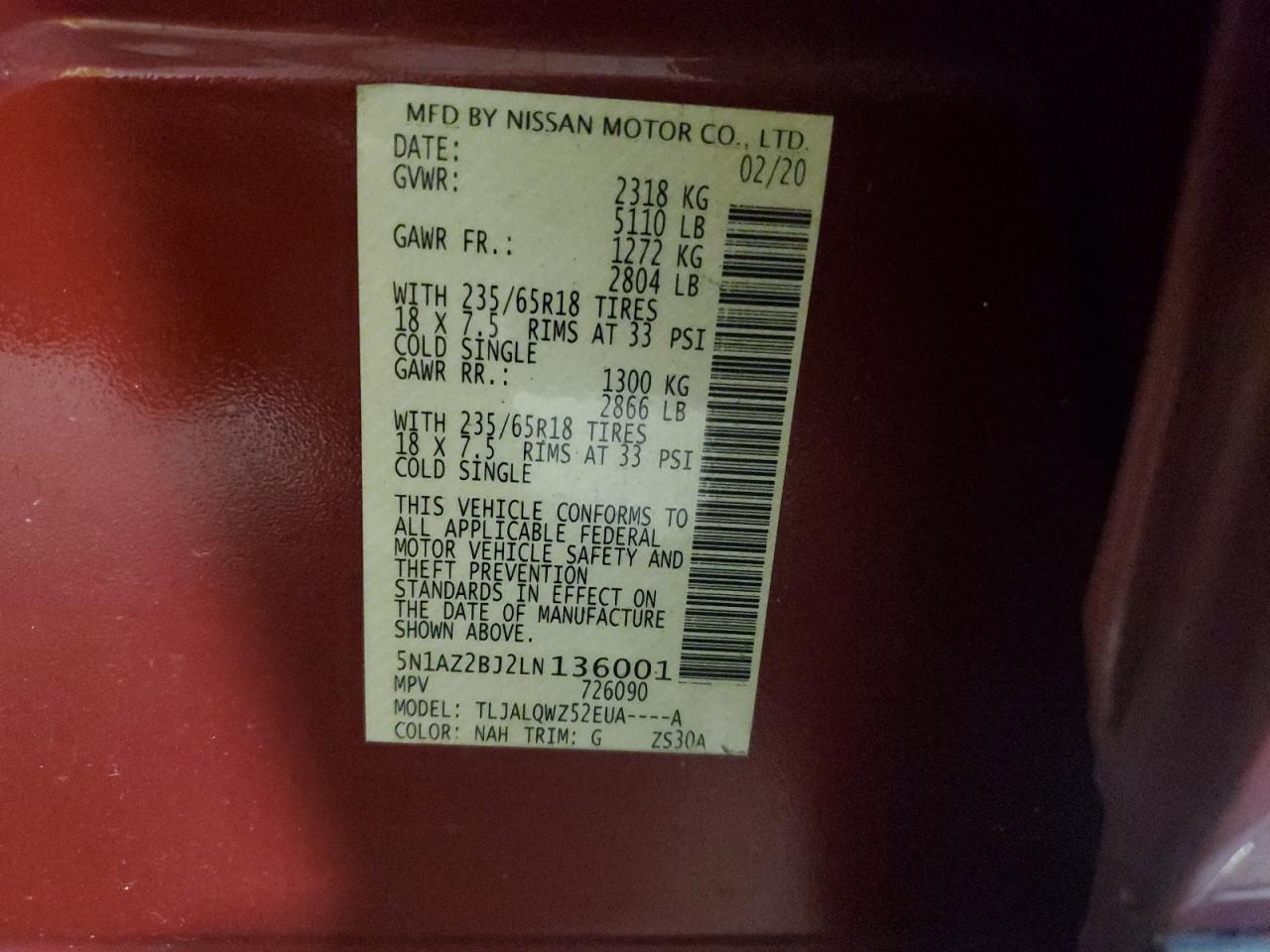 2020 Nissan Murano Sv VIN: 5N1AZ2BJ2LN136001 Lot: 82603134