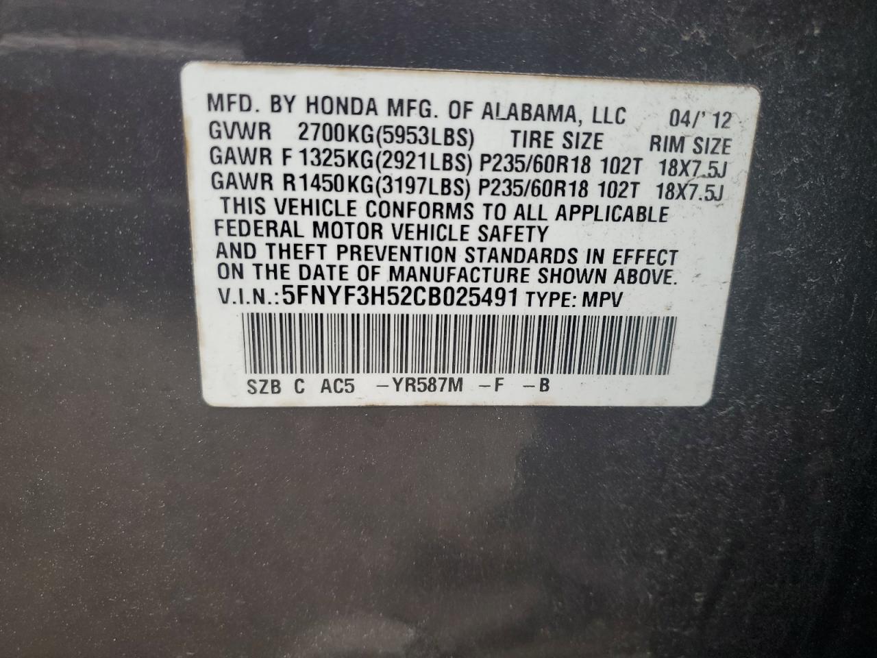 2012 Honda Pilot Exl VIN: 5FNYF3H52CB025491 Lot: 84025454