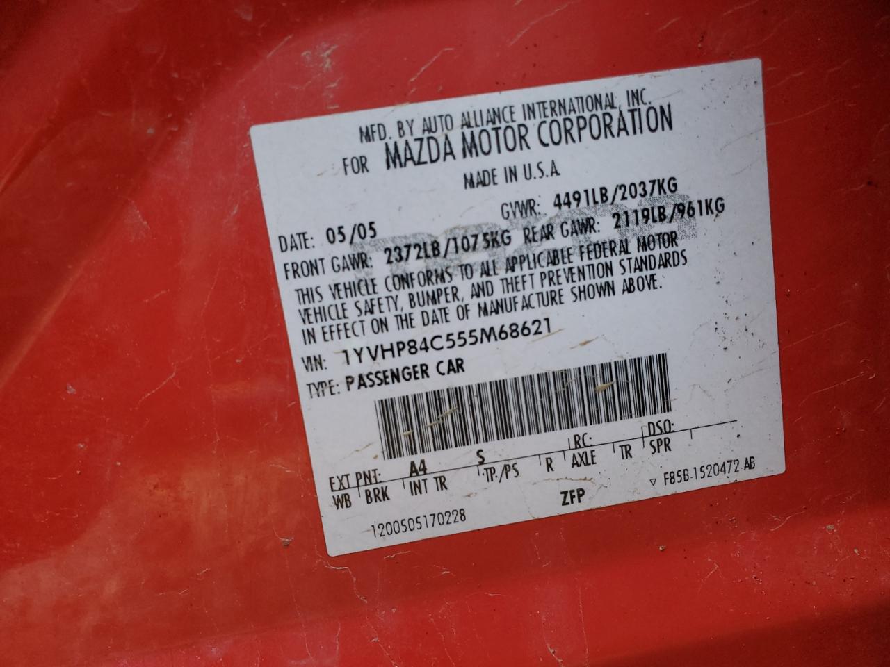 2005 Mazda 6 I VIN: 1YVHP84C555M68621 Lot: 82383844