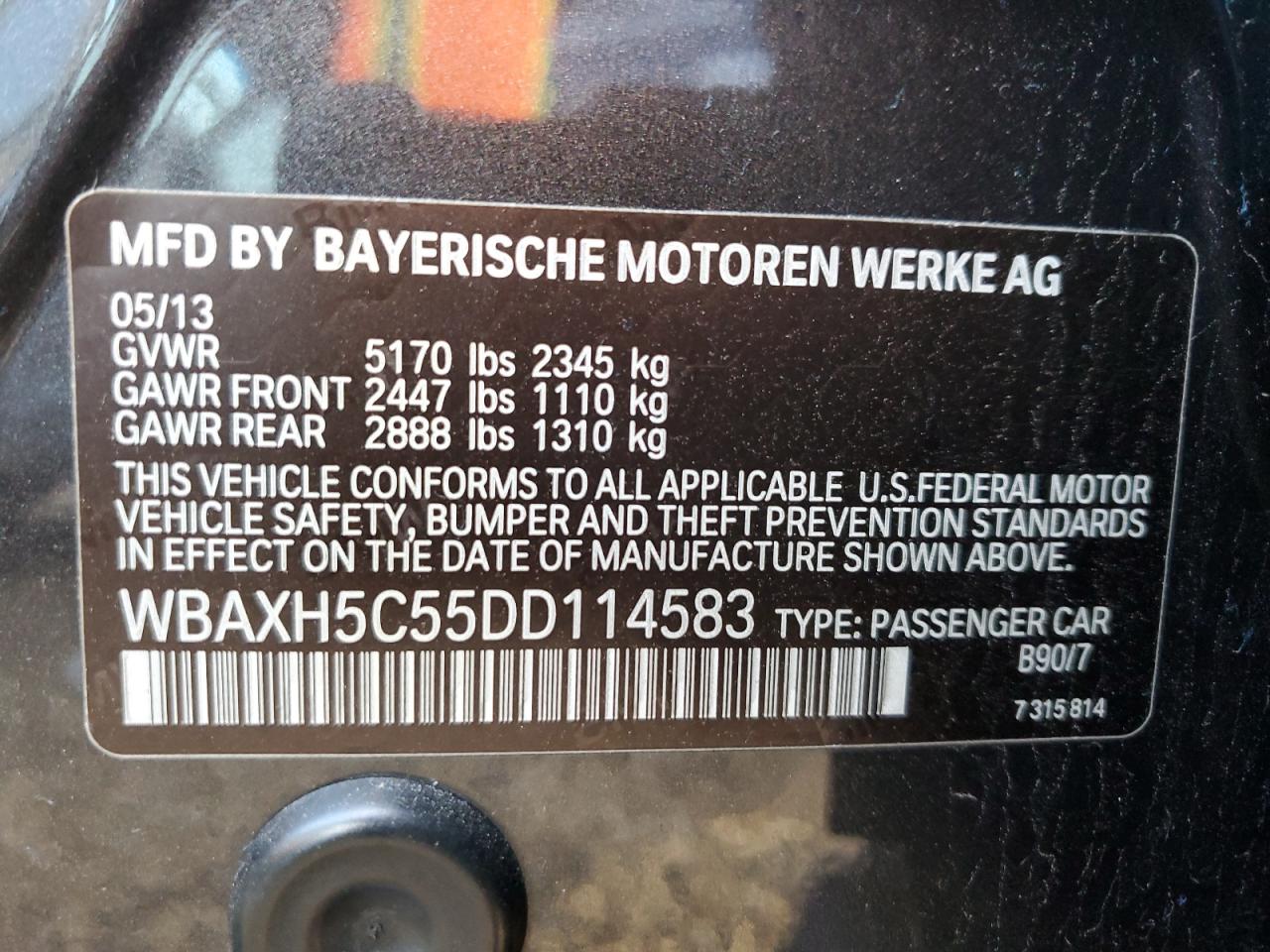 VIN WBAXH5C55DD114583 2013 BMW 5 SERIES no.12