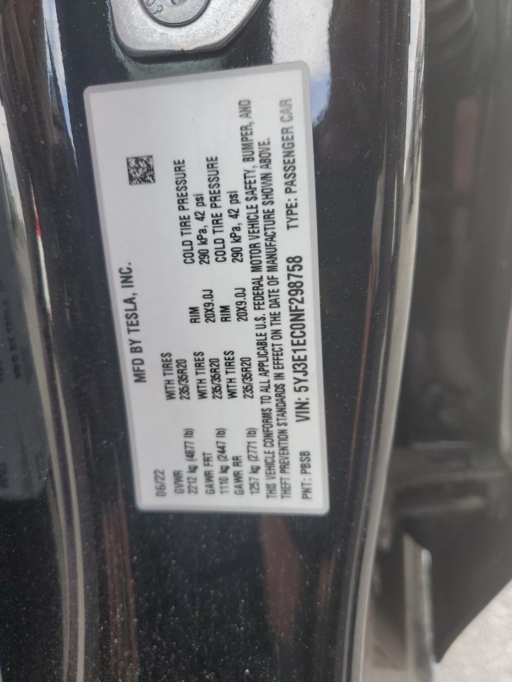 VIN 5YJ3E1EC0NF298758 2022 TESLA MODEL 3 no.12