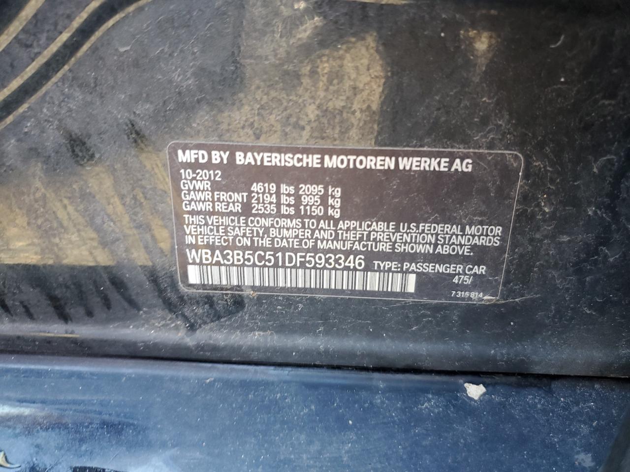 2013 BMW 328 Xi Sulev VIN: WBA3B5C51DF593346 Lot: 84855504