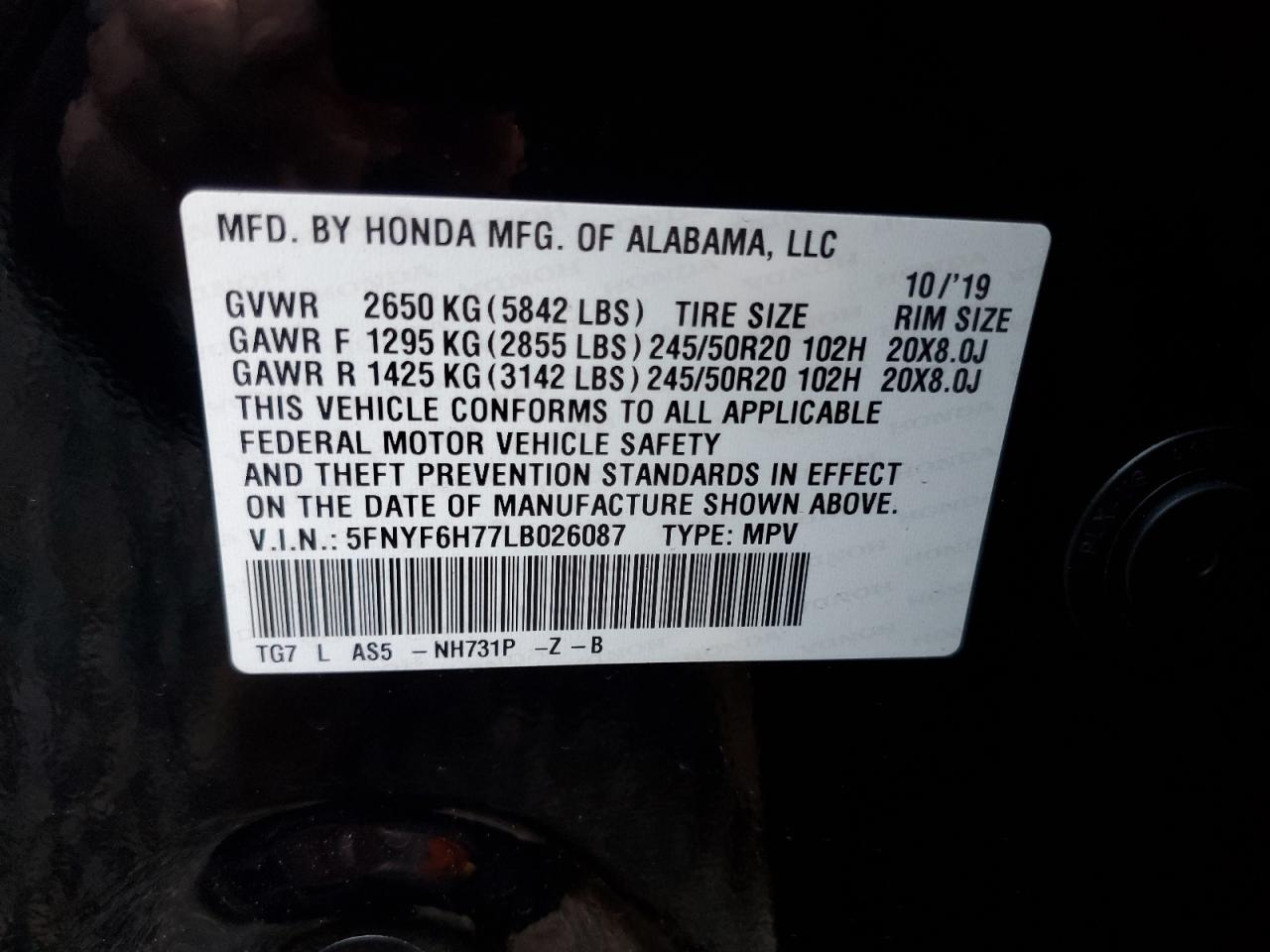 VIN 5FNYF6H77LB026087 2020 HONDA PILOT no.13