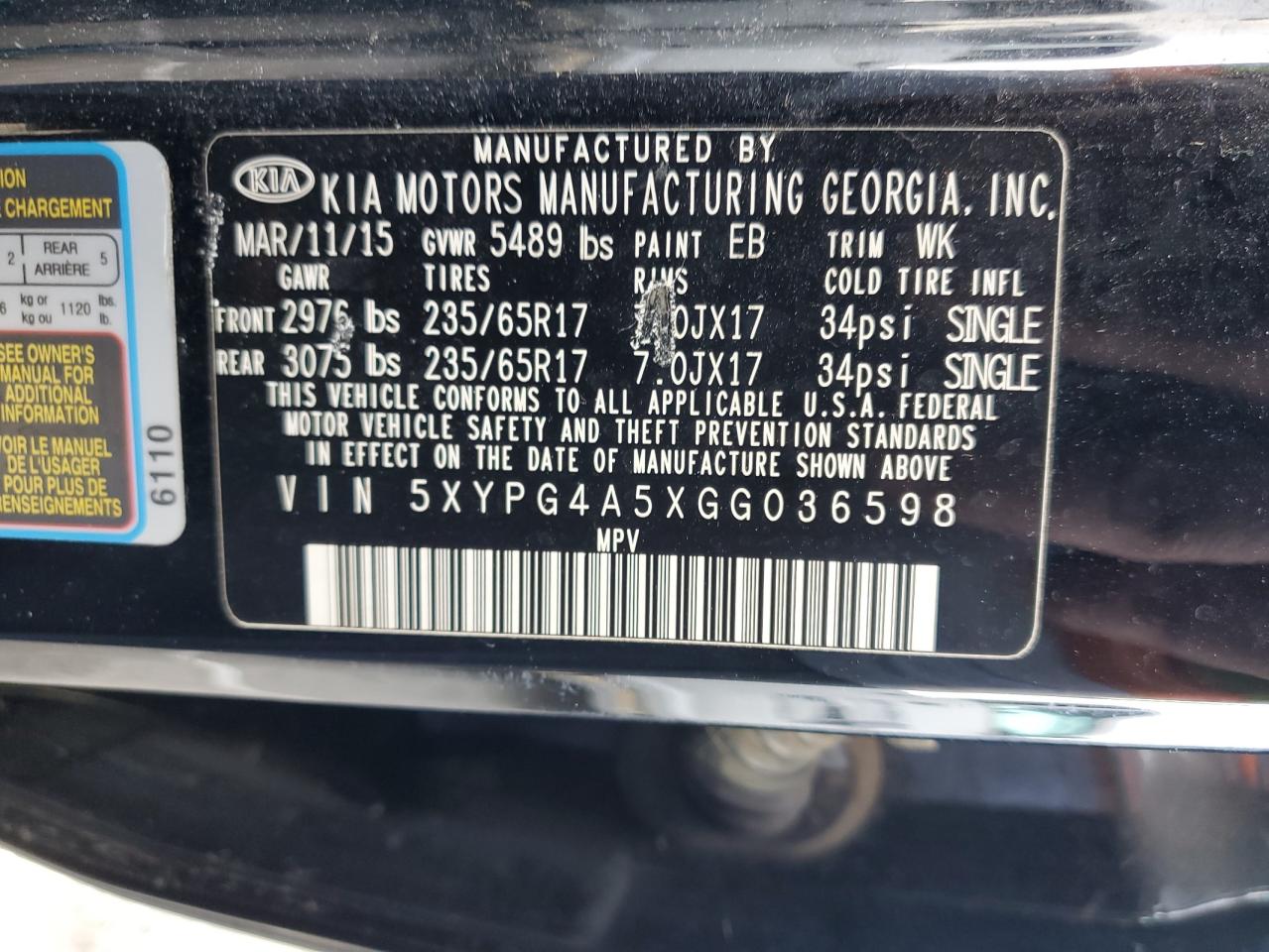 VIN 5XYPG4A5XGG036598 2016 KIA SORENTO no.13