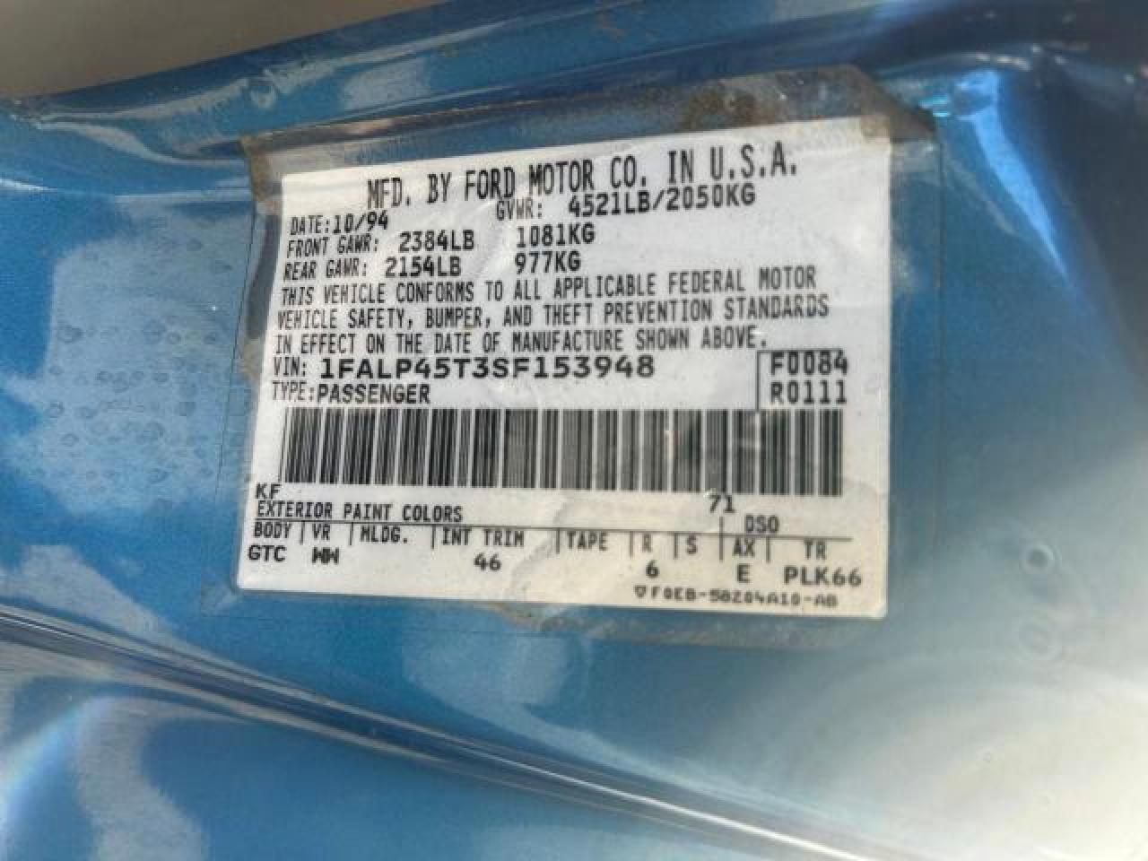 1995 Ford Mustang Gt VIN: 1FALP45T3SF153948 Lot: 84770914