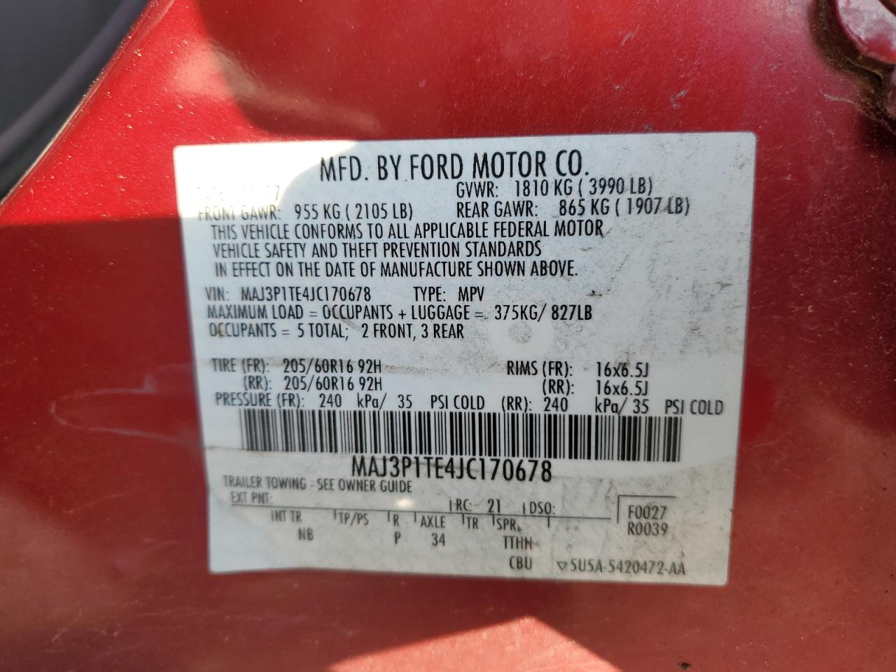 2018 Ford Ecosport Se VIN: MAJ3P1TE4JC170678 Lot: 86862704