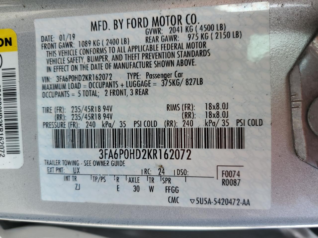 VIN 3FA6P0HD2KR162072 2019 FORD FUSION no.12