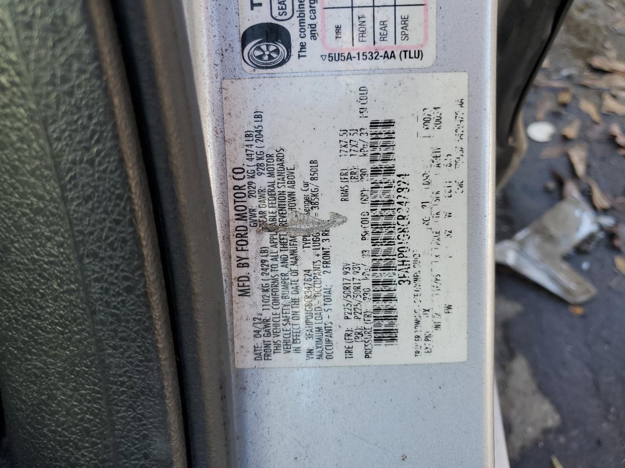 2012 Ford Fusion Sel VIN: 3FAHP0JG8CR347824 Lot: 85647414