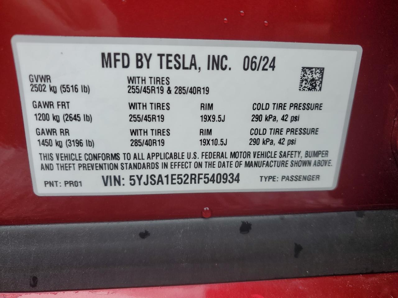 2024 Tesla Model S VIN: 5YJSA1E52RF540934 Lot: 83840634